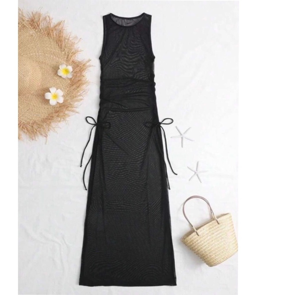 European Style Bikini Cover-Up Dress Black Sleeveless Side Drawstring Large
